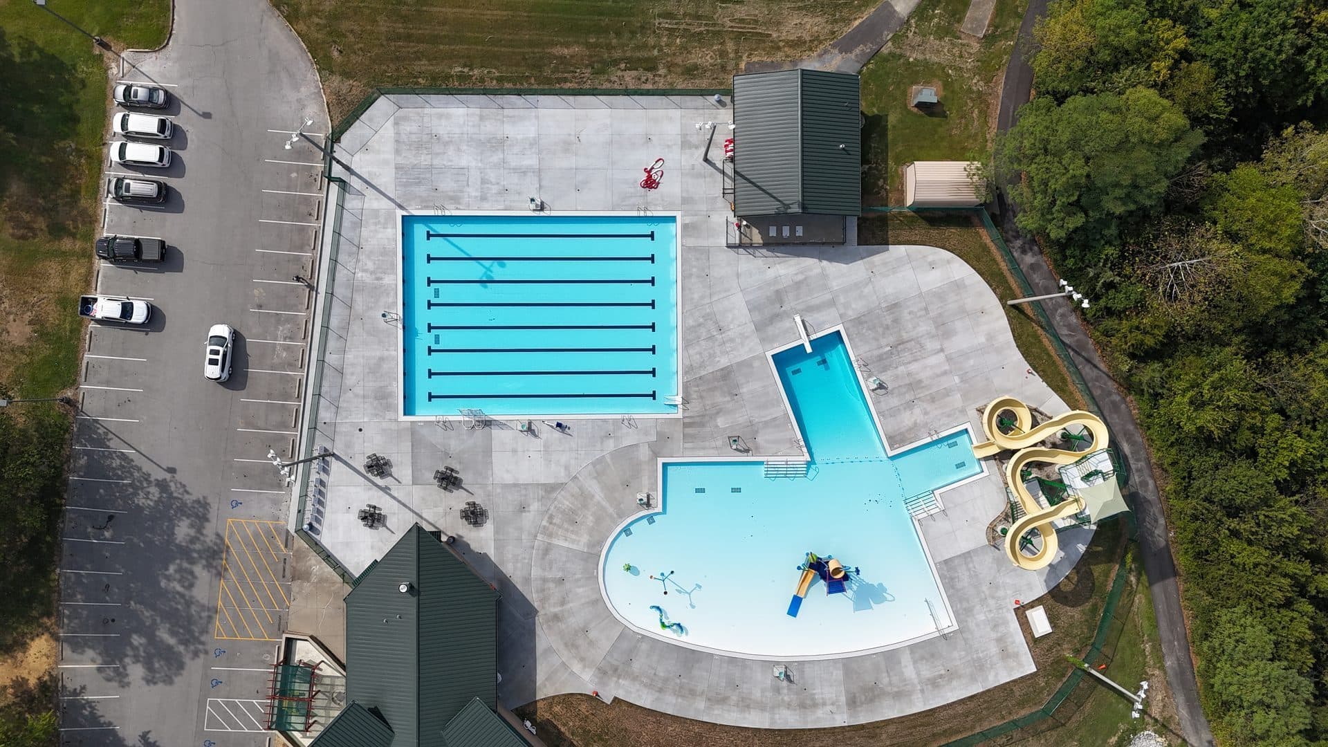 Aerial along the main pool and concrete deck at John W. Black Aquatic Center