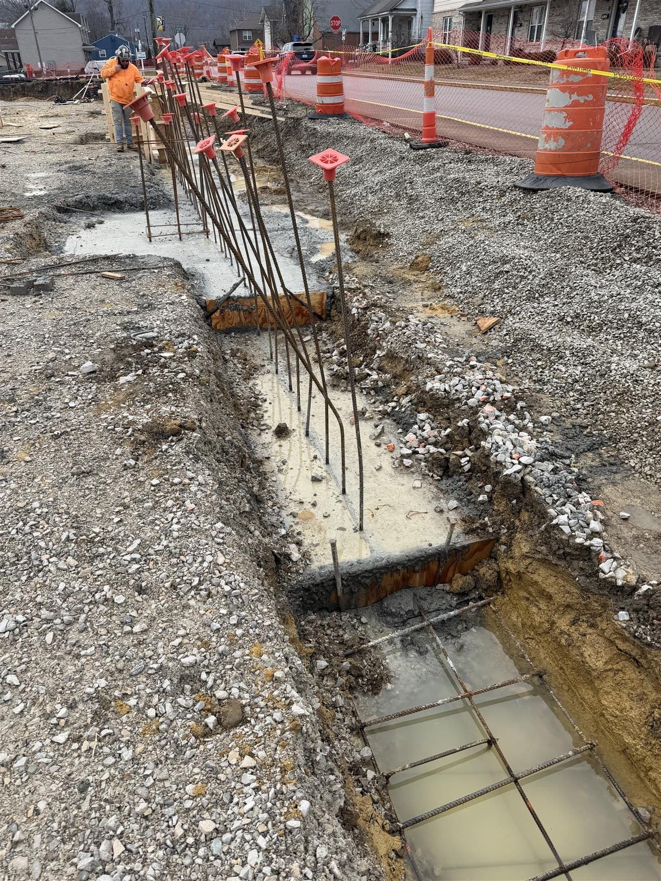 Excavated footing with a rebar cage, March 2026