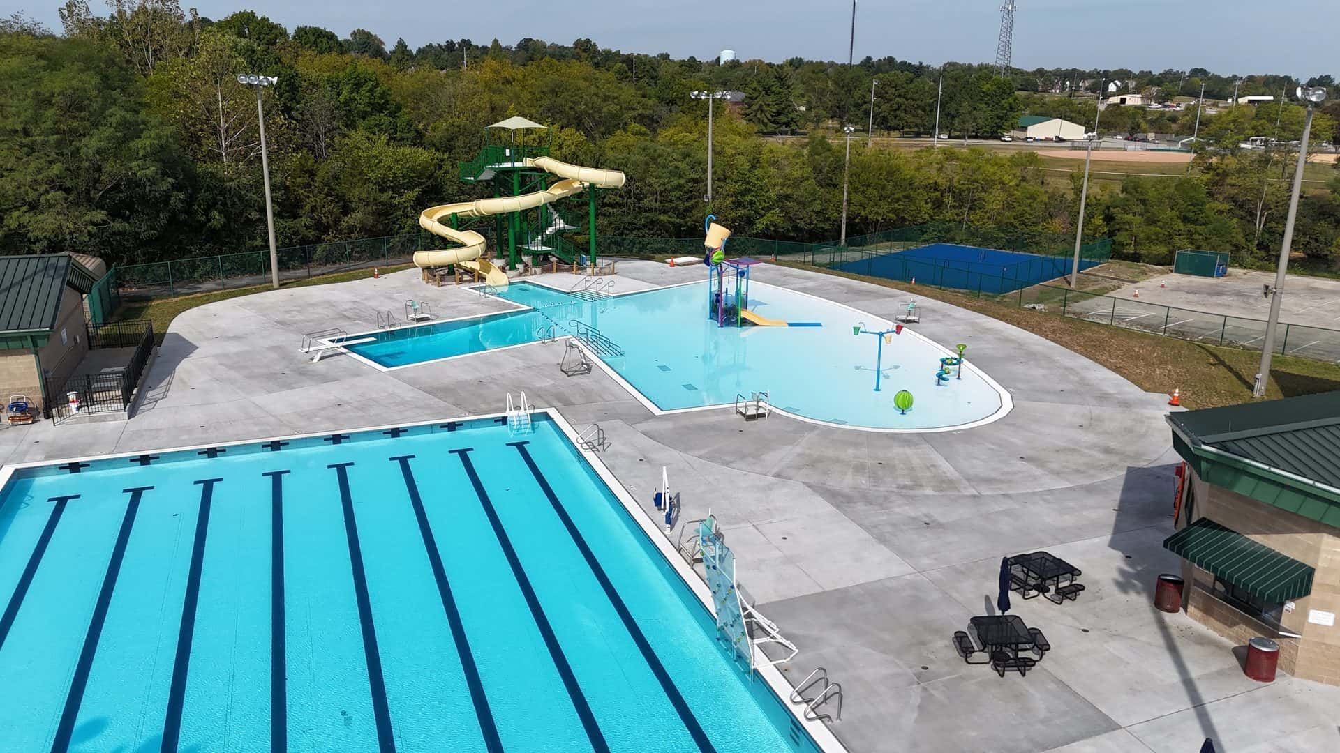 Wide aerial of the finished John W. Black Aquatic Center